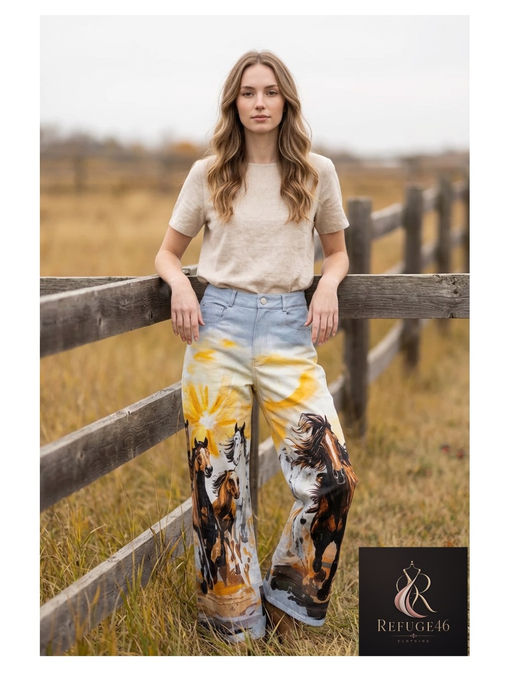 NWT Western Flare Wide-Leg Jeans Yellow Sun Brown Horse Painted Print